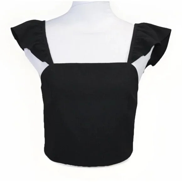 Alice + Olivia Celestia Flutter sleeve crop top Ruffle Sleeveless black size 6 - Picture 2 of 7